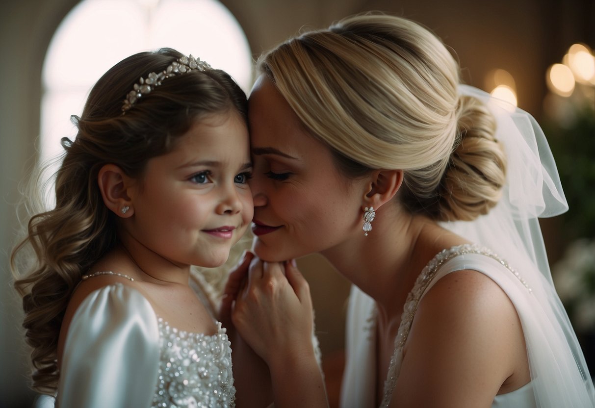 A mother whispers love and wisdom to her daughter on her wedding day