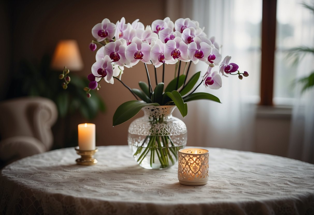 An elegant orchid posy sits in a clear vase on a white lace tablecloth, surrounded by soft candlelight