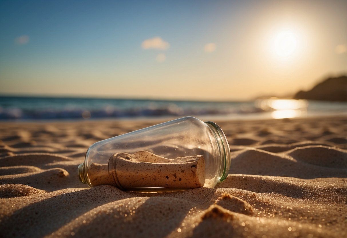 A glass bottle with a cork, filled with a rolled-up love letter, nestled in the sand on a tranquil beach at sunset