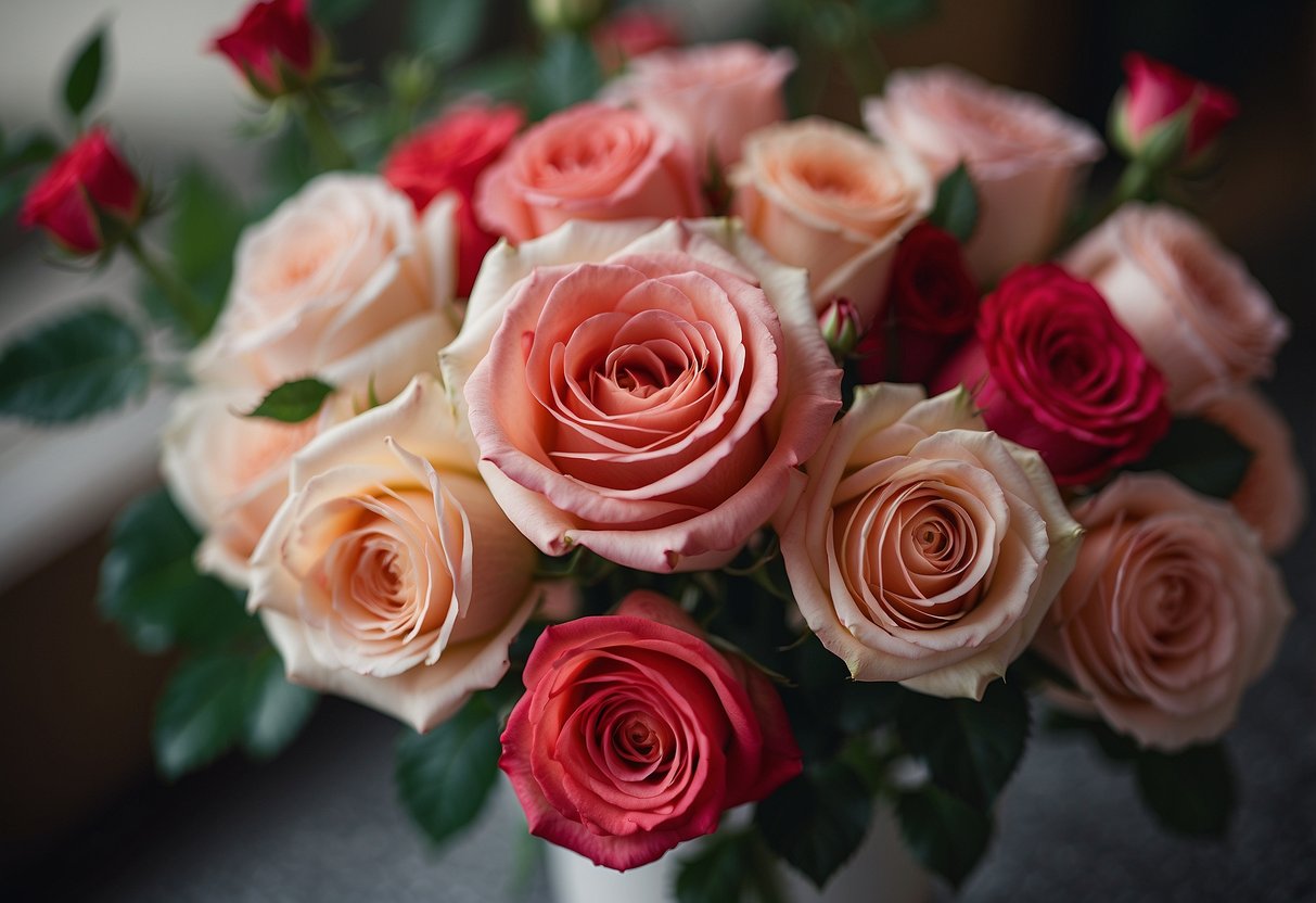 A cluster of vibrant red and pink roses arranged in a simple, elegant wedding bouquet