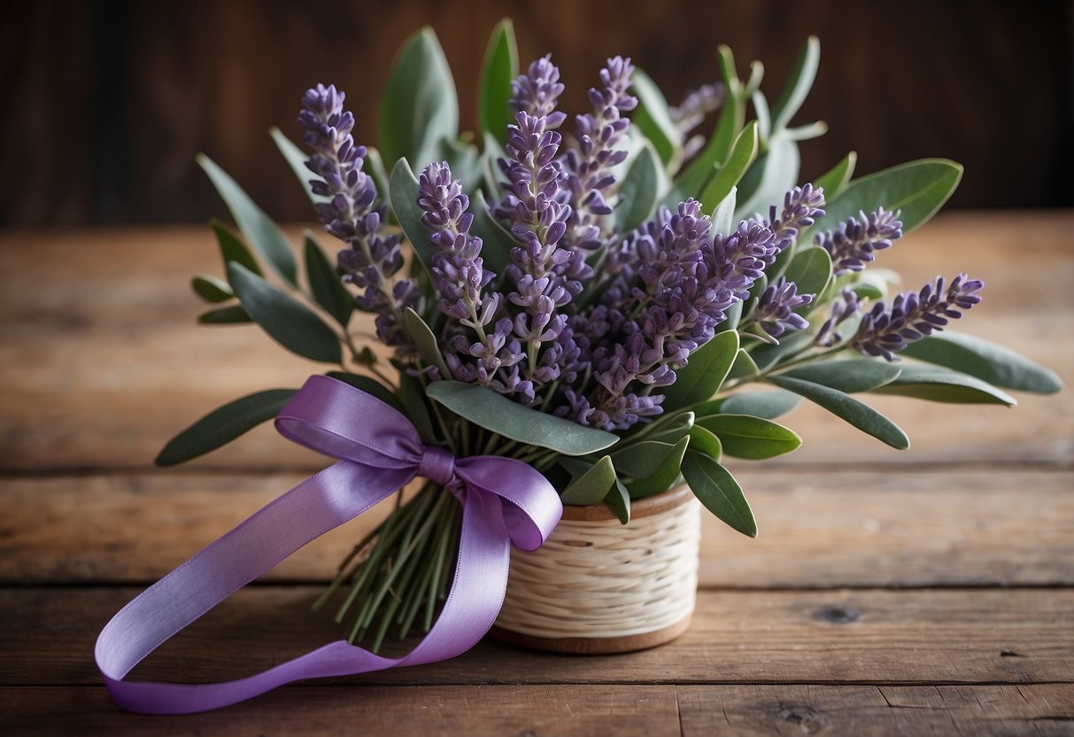 A small bouquet of lavender and eucalyptus tied with a simple ribbon, sitting on a rustic wooden table