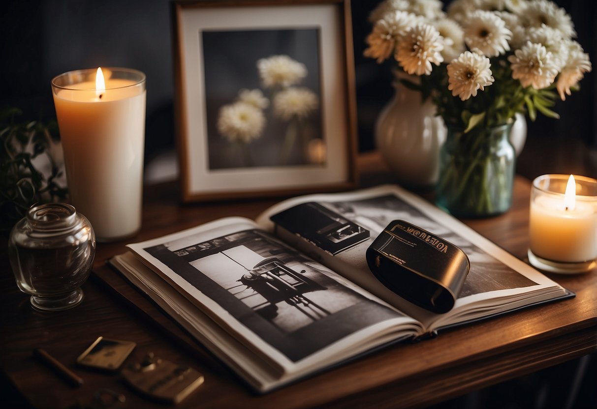 A table set with a photo book, surrounded by scattered old photographs, a vase of flowers, and a lit candle