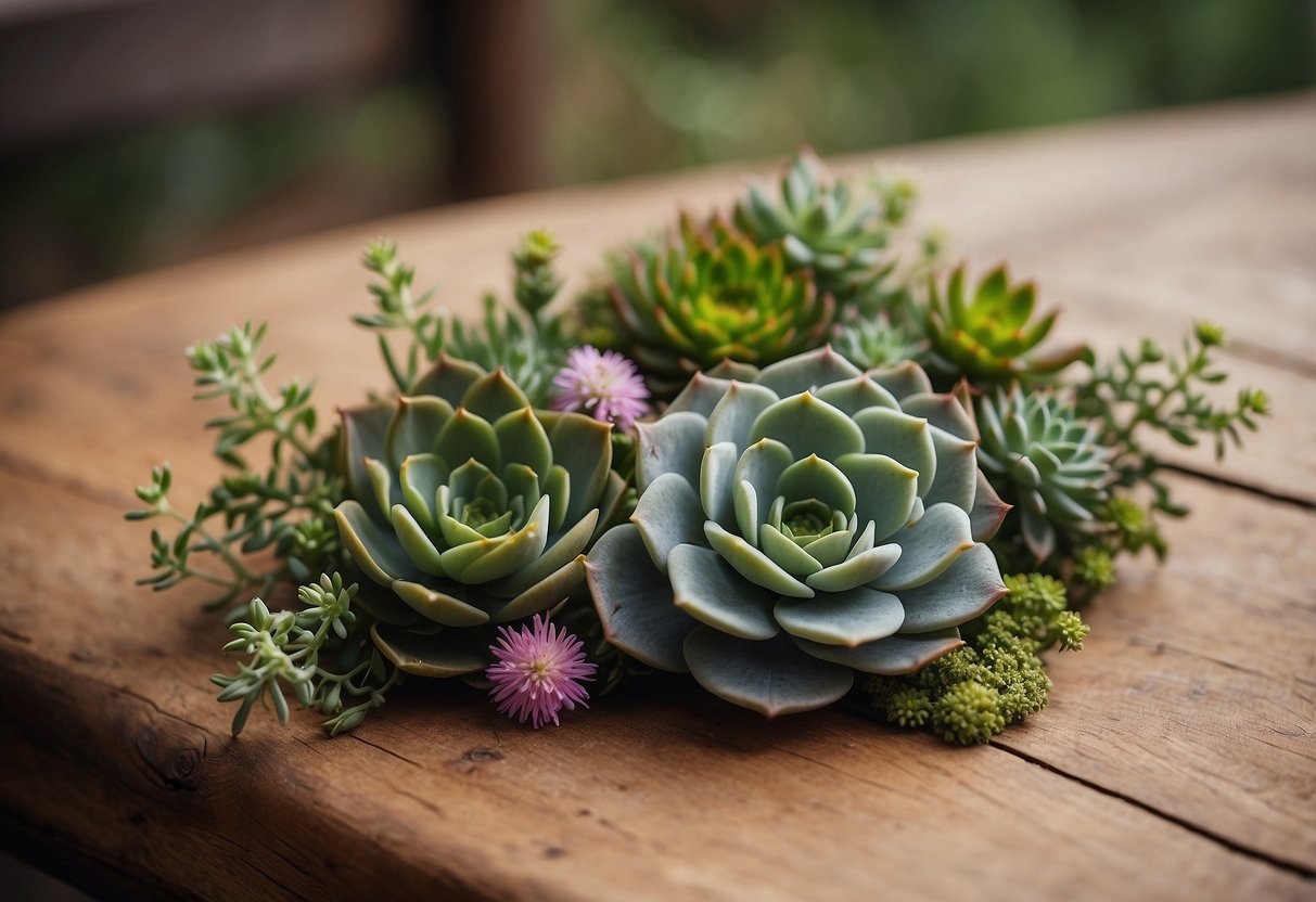 A rustic wooden table adorned with a simple, yet elegant succulent boutonniere, surrounded by scattered wildflowers and greenery