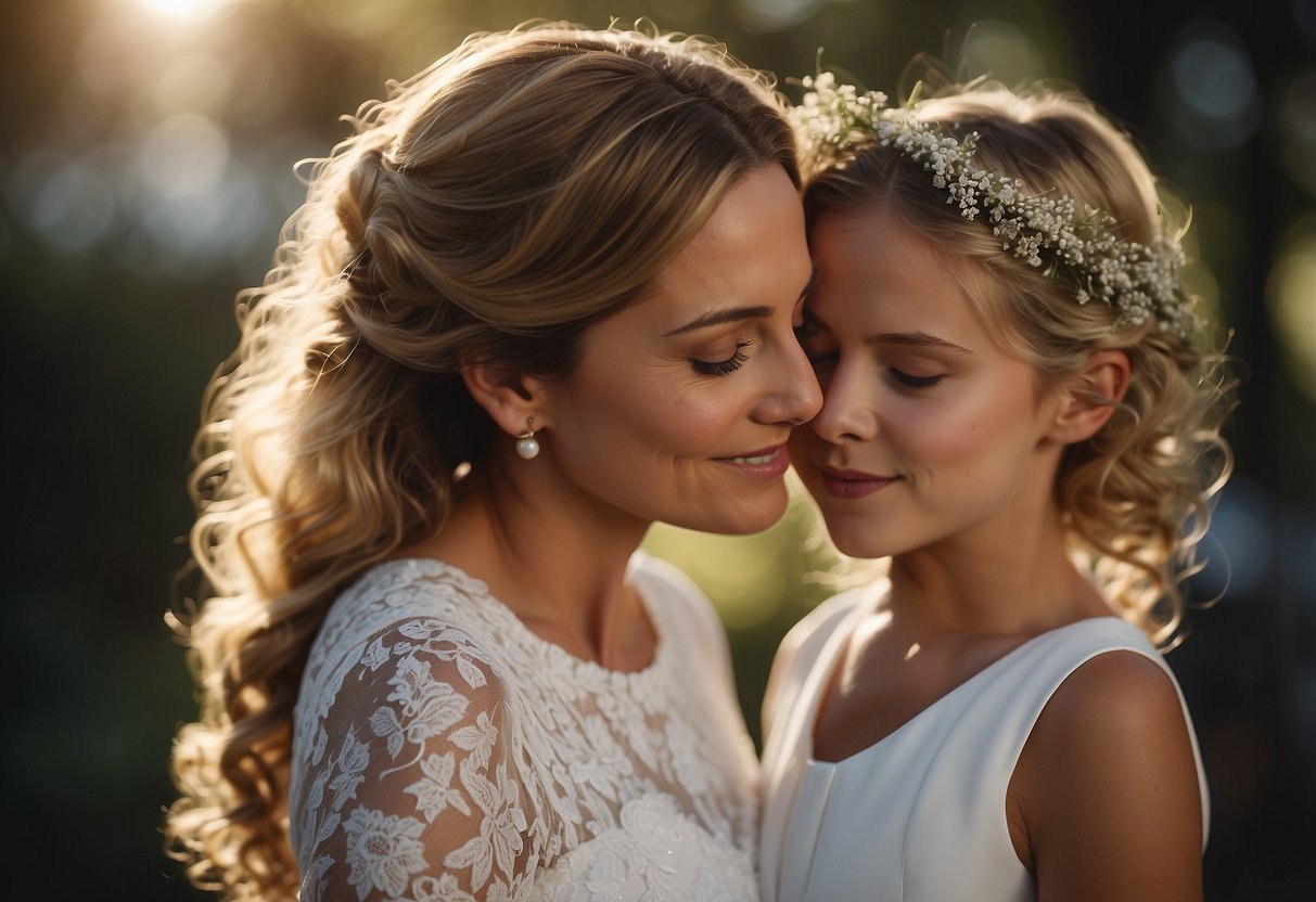 A mother embraces her daughter, whispering words of love and wisdom on her wedding day