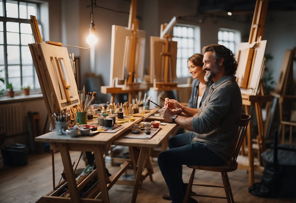 A cozy studio filled with easels, paintbrushes, and canvases. Soft music plays as couples laugh and paint together, celebrating their 25th anniversary