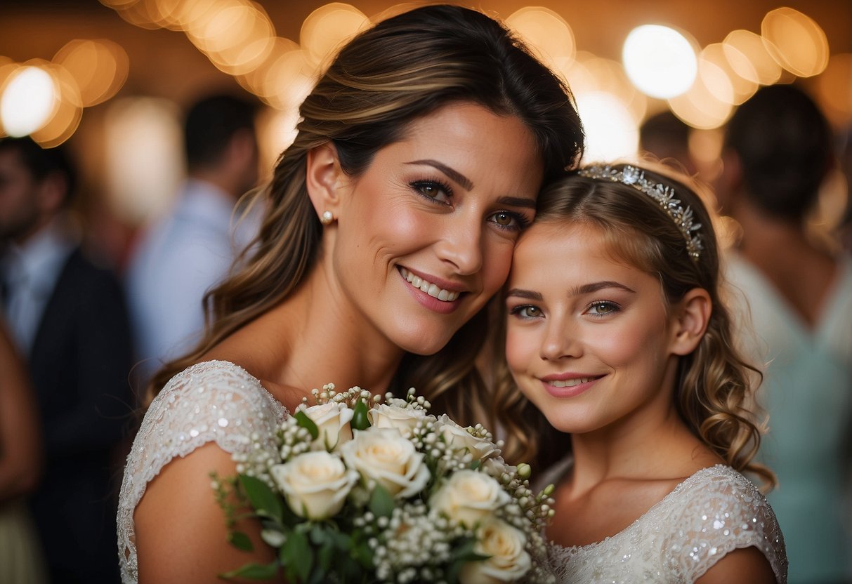 A mother's eyes sparkle as she embraces her daughter, whispering "You deserve all the happiness in the world" on her wedding day