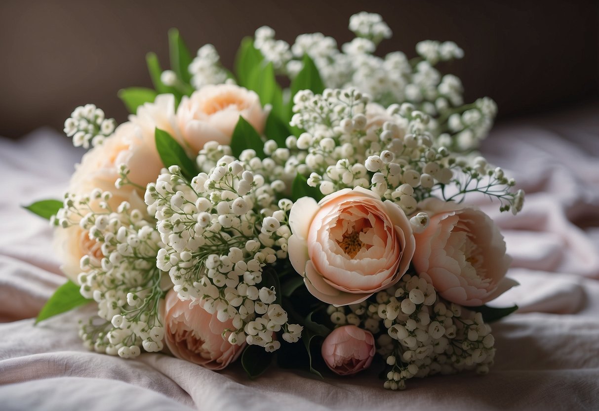 A delicate bouquet of baby's breath and peonies arranged in a simple, elegant style