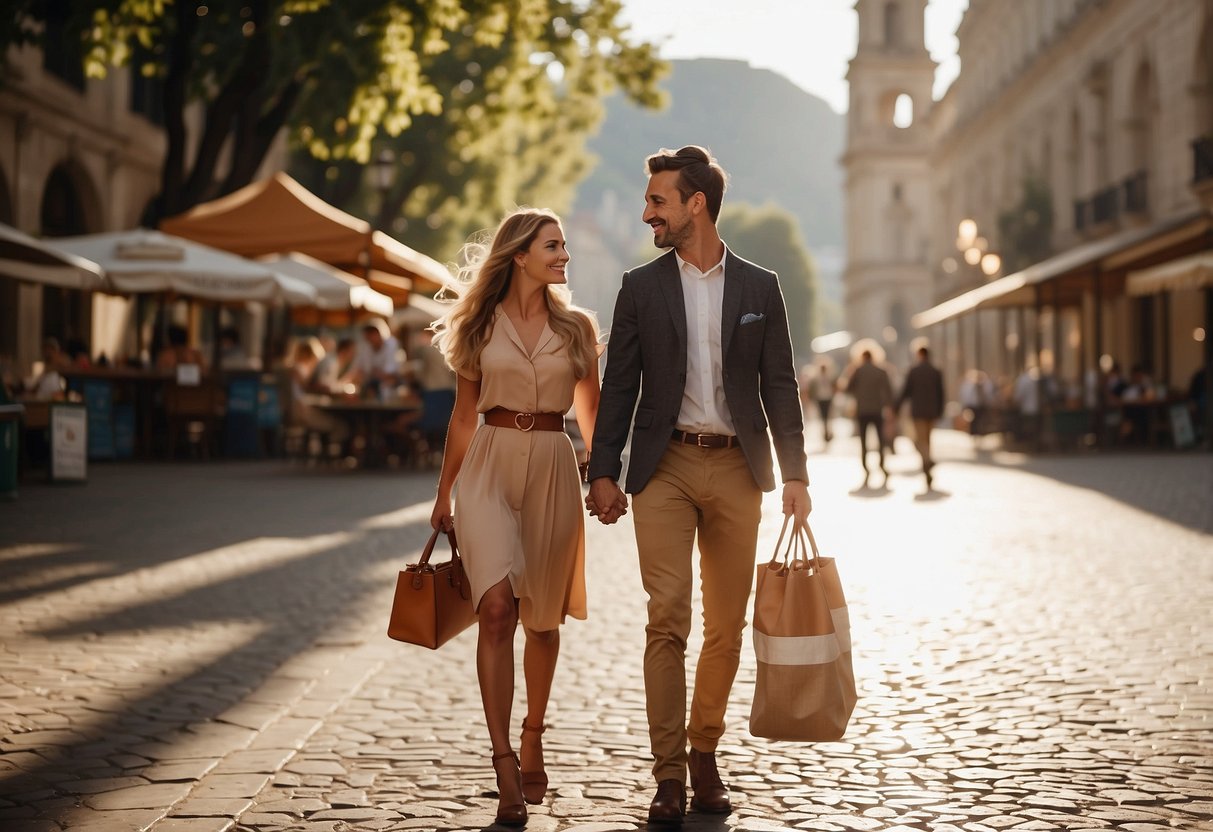 A couple strolling through a bustling city square, surrounded by historic architecture and colorful street vendors. A romantic atmosphere with the sun shining and a sense of adventure in the air