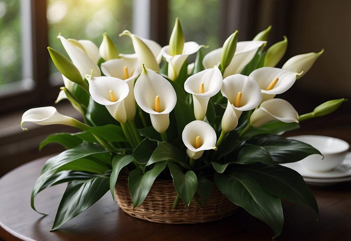 A simple bouquet of white calla lilies arranged in a classic style, with green foliage and a clean, elegant presentation