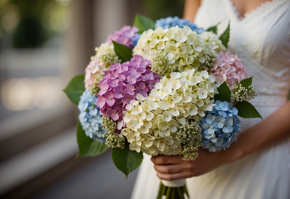 A simple wedding bouquet featuring vintage hydrangeas in a medley of colors and sizes, tied together with a delicate ribbon