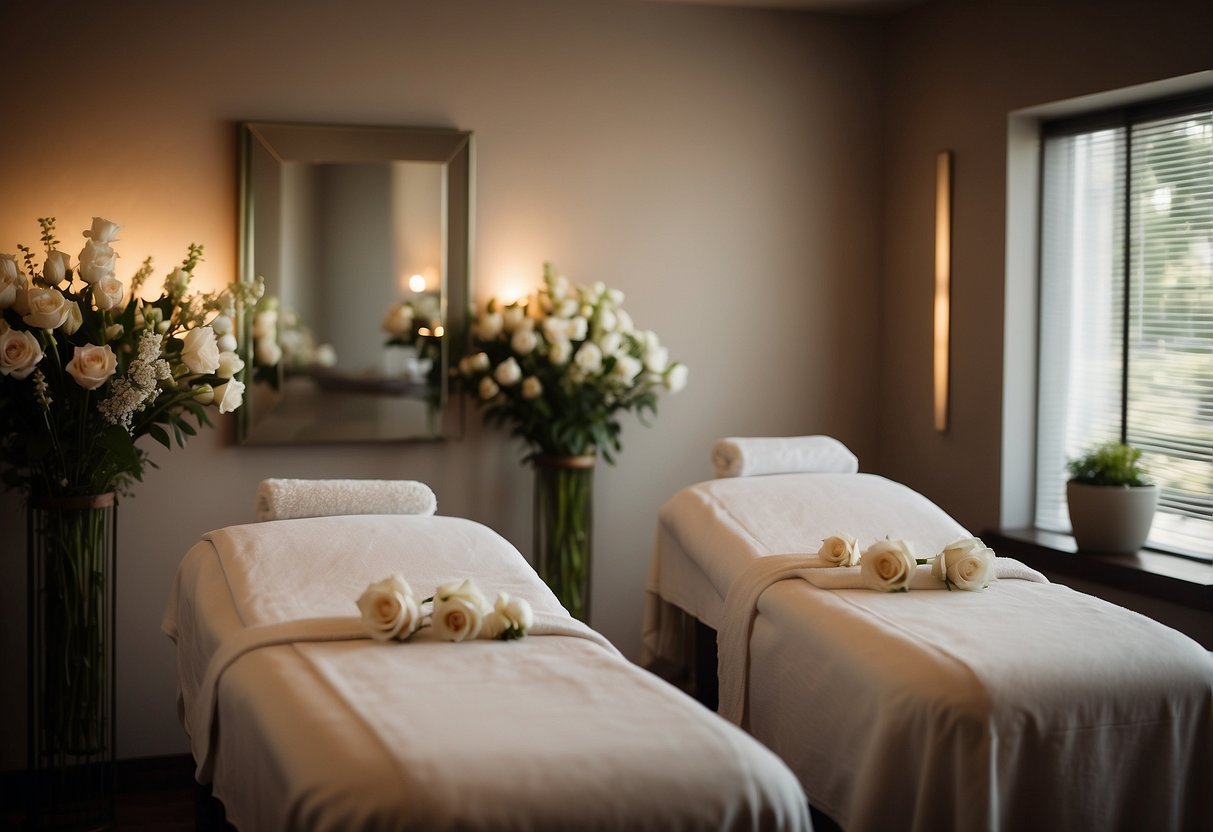 A serene spa room with two massage tables adorned with fresh flowers and soft lighting, creating a peaceful and romantic atmosphere for a couples' massage