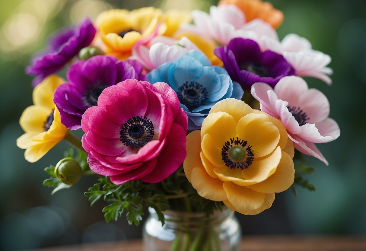 A cluster of colorful anemone flowers arranged in a loose, whimsical bunch, tied with a simple ribbon, perfect for a wedding bouquet