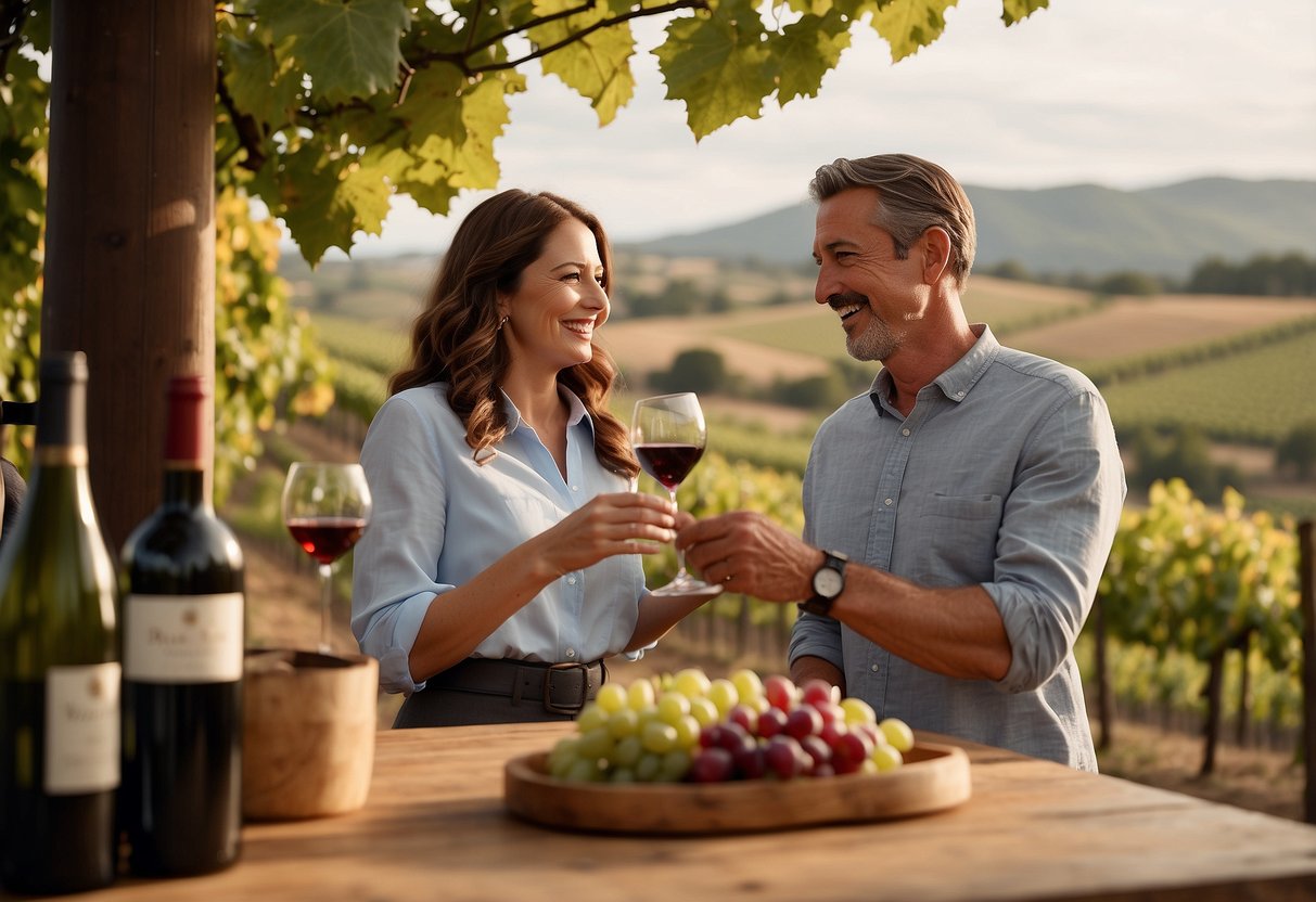 A couple receiving a monthly wine delivery, celebrating their 25th wedding anniversary with a toast, surrounded by vineyard landscapes and wine bottles