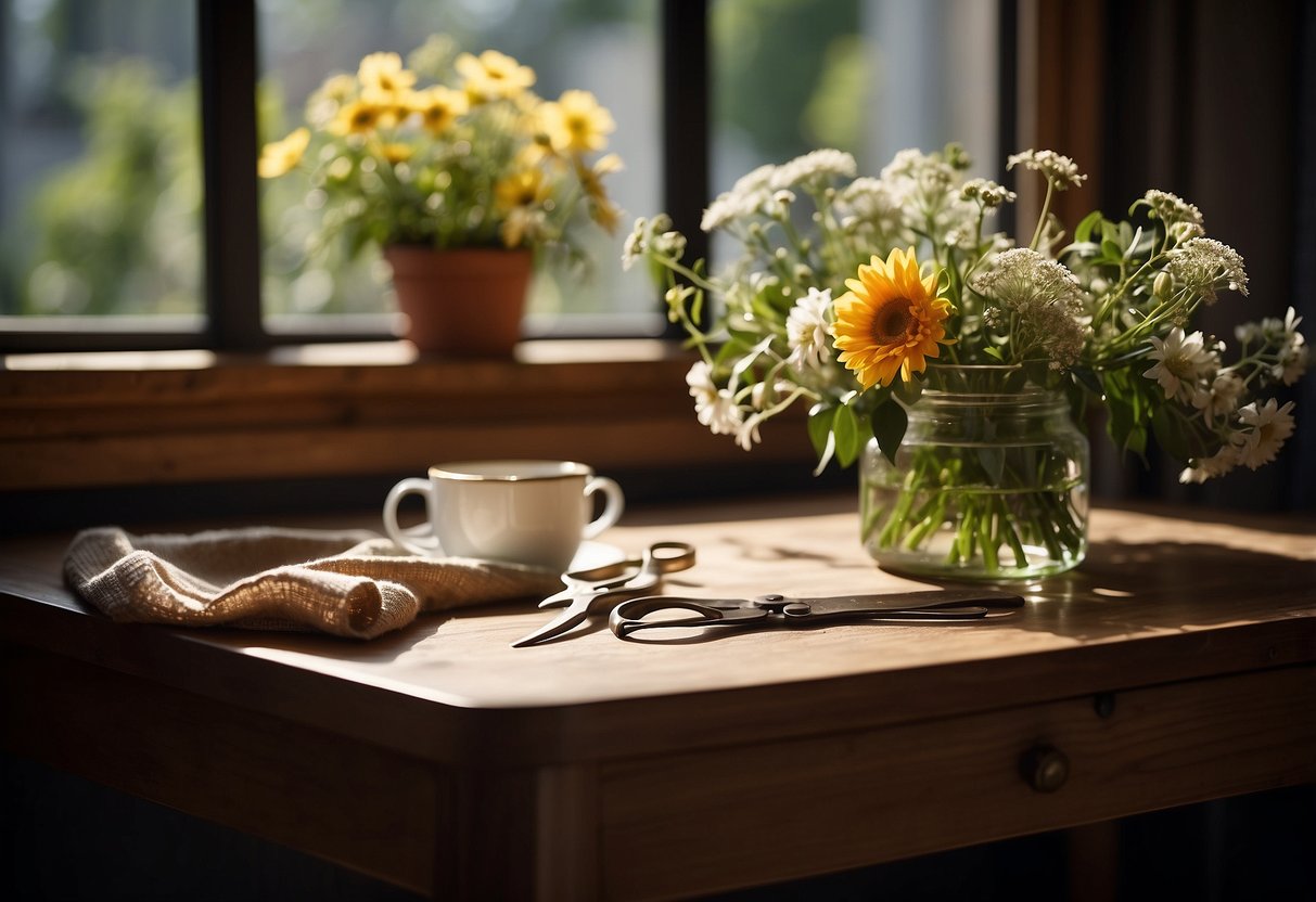 A table with various flowers and greenery, a pair of scissors, and a ribbon. Light streaming in from a nearby window