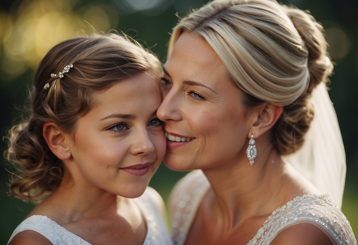 A mother whispers to her daughter, "Trust and support each other," on her wedding day