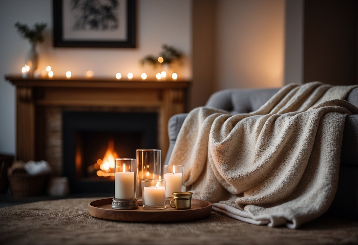 A cozy living room with a fireplace, where a personalized blanket with "25th Anniversary" is draped over a sofa, surrounded by framed wedding photos and candles