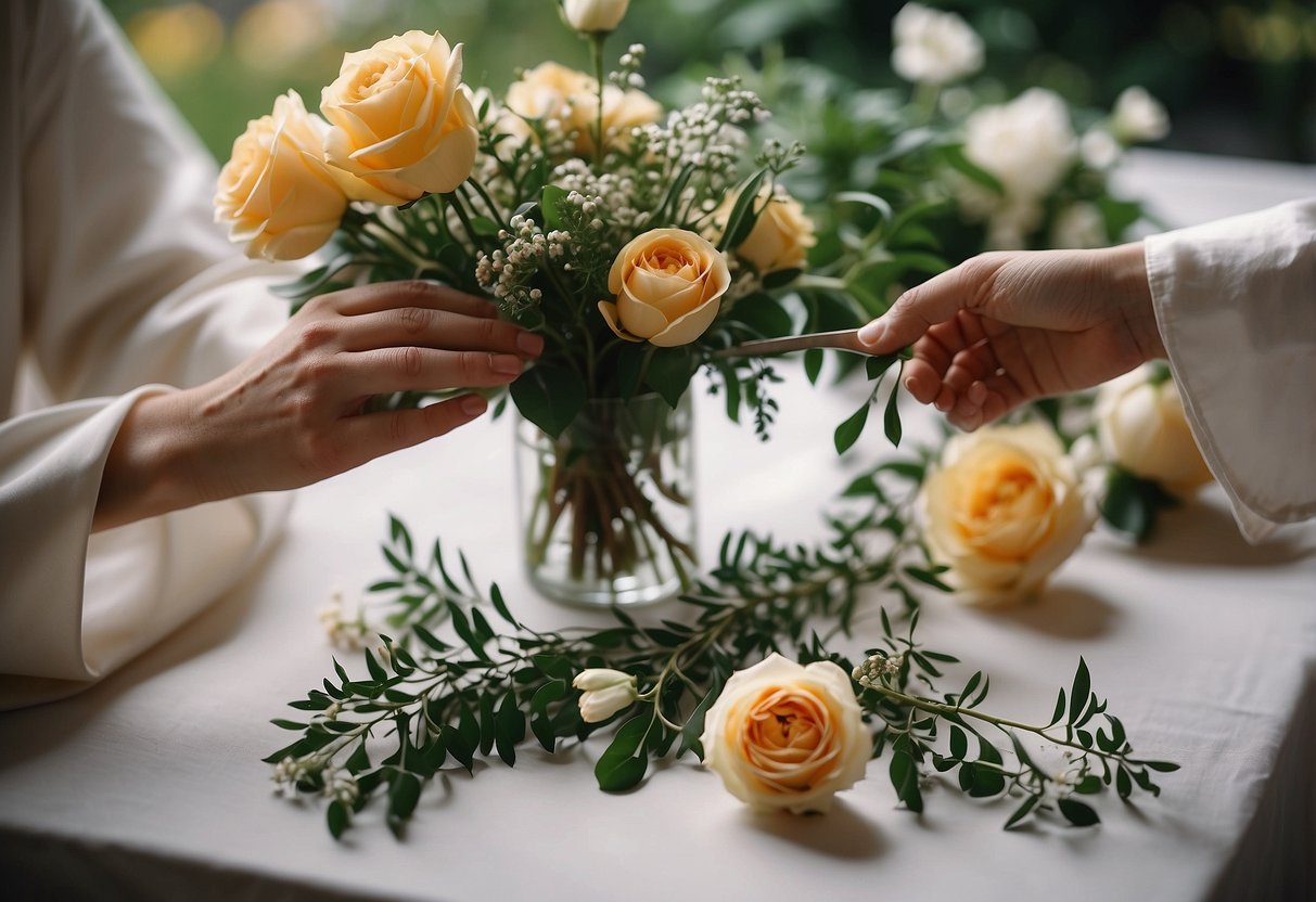 A table with a variety of flowers and greenery, scissors, and ribbon. A bride's hand reaching for a flower