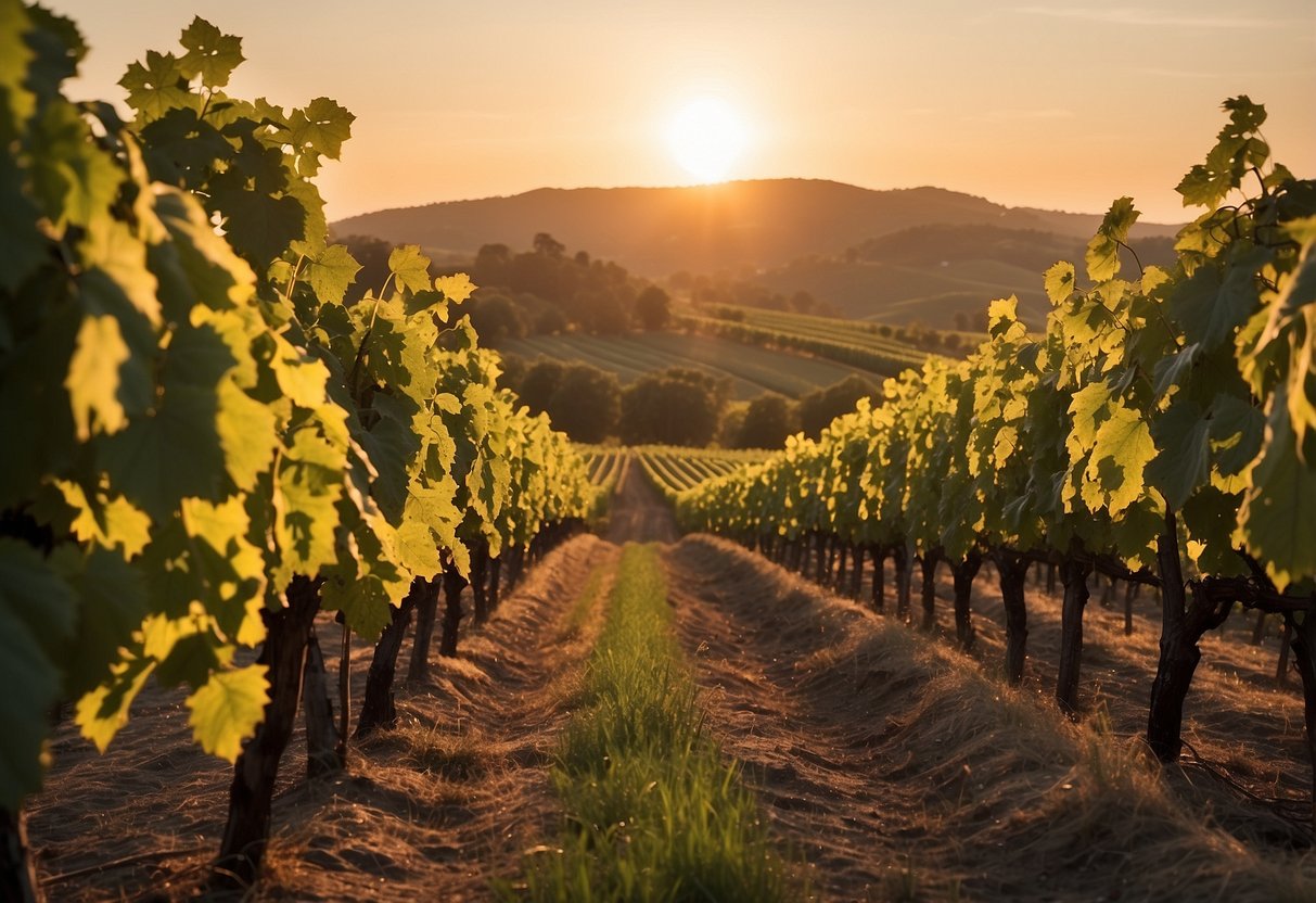 A lush vineyard with rows of grapevines, a rustic winery building, and a warm, golden sunset casting a romantic glow over the scene