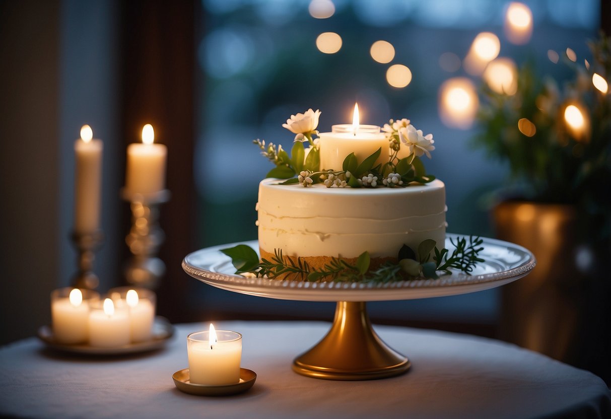 A small, elegant wedding cake with delicate floral decorations sits on a vintage cake stand, surrounded by twinkling tea lights and greenery