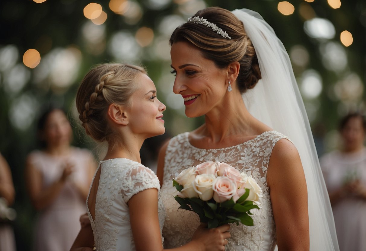 A mother whispers words of love and encouragement to her daughter on her wedding day