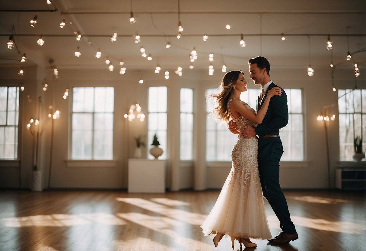 A couple gracefully waltzing in a spacious, well-lit dance studio, surrounded by mirrors and elegant decor