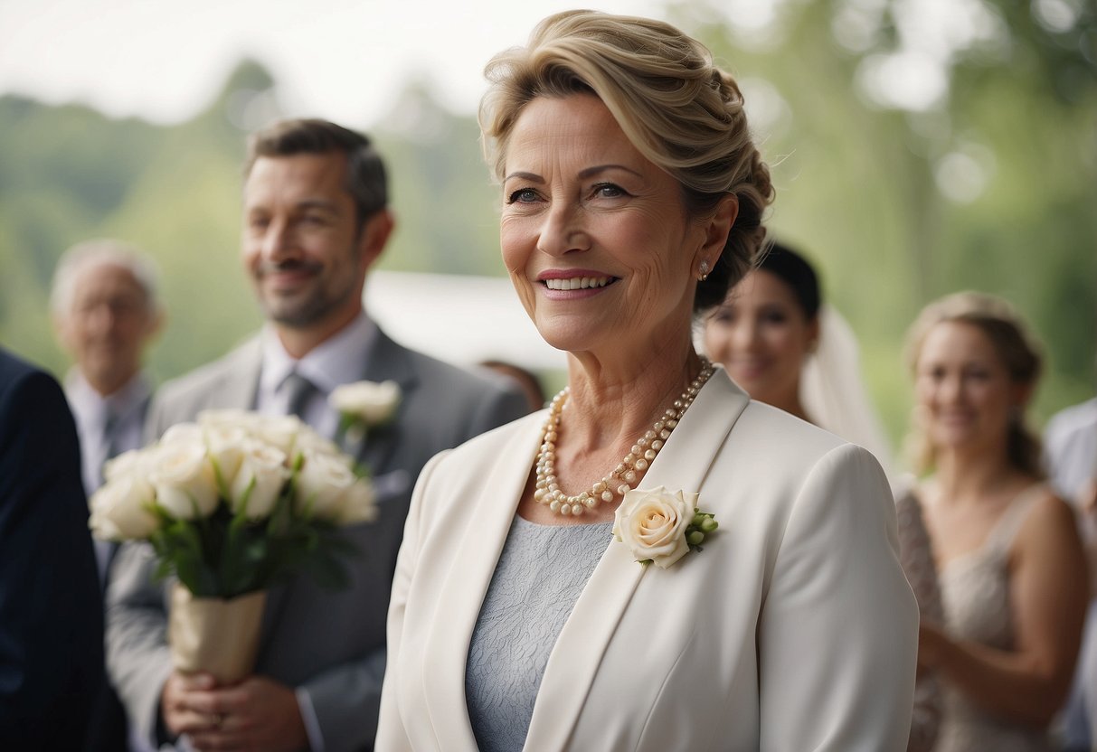 The mother of the groom stands proudly, watching the ceremony with a smile, offering support and love to her son and his new spouse