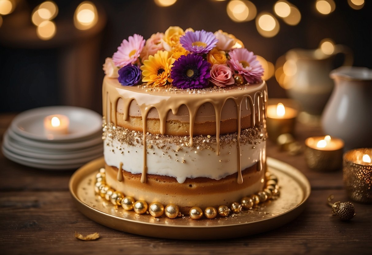 A tiered drip cake adorned with colorful flowers and elegant gold accents sits on a rustic wooden table, surrounded by twinkling fairy lights