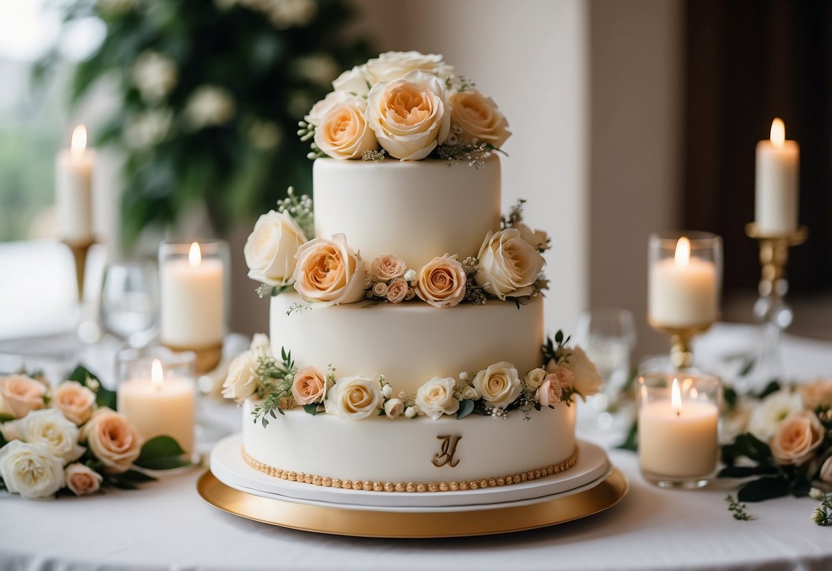 A three-tiered cake adorned with an elegant monogram, surrounded by delicate floral arrangements and displayed on a pristine white table