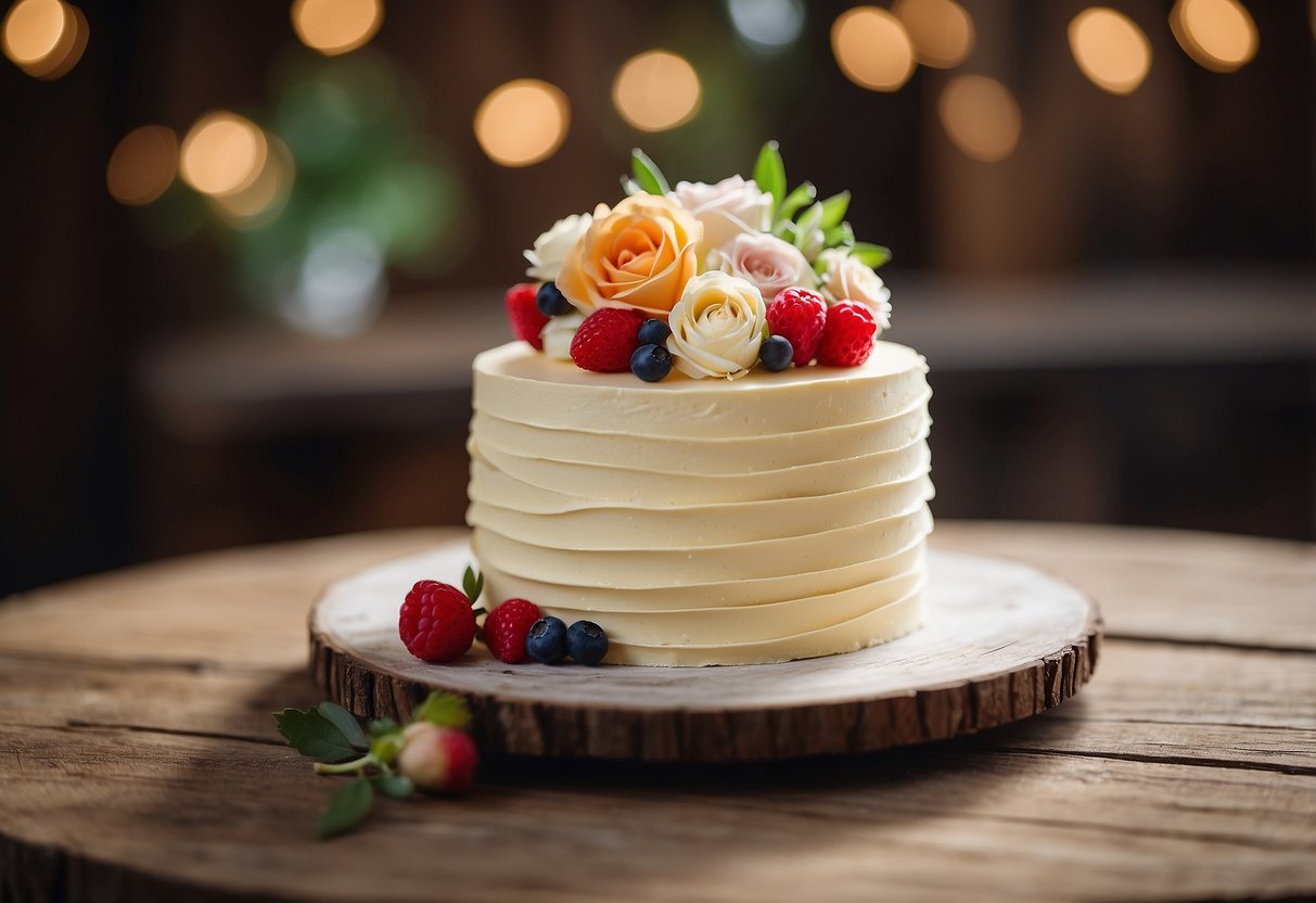 A small buttercream wedding cake sits on a rustic wooden table, adorned with delicate floral decorations and a simple, elegant design