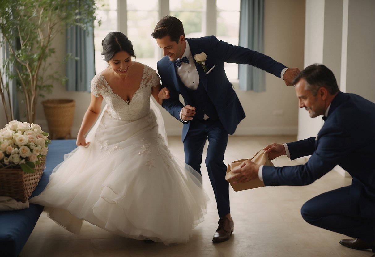 The mother of the groom rushes around, picking up forgotten items and assisting with final preparations for the wedding