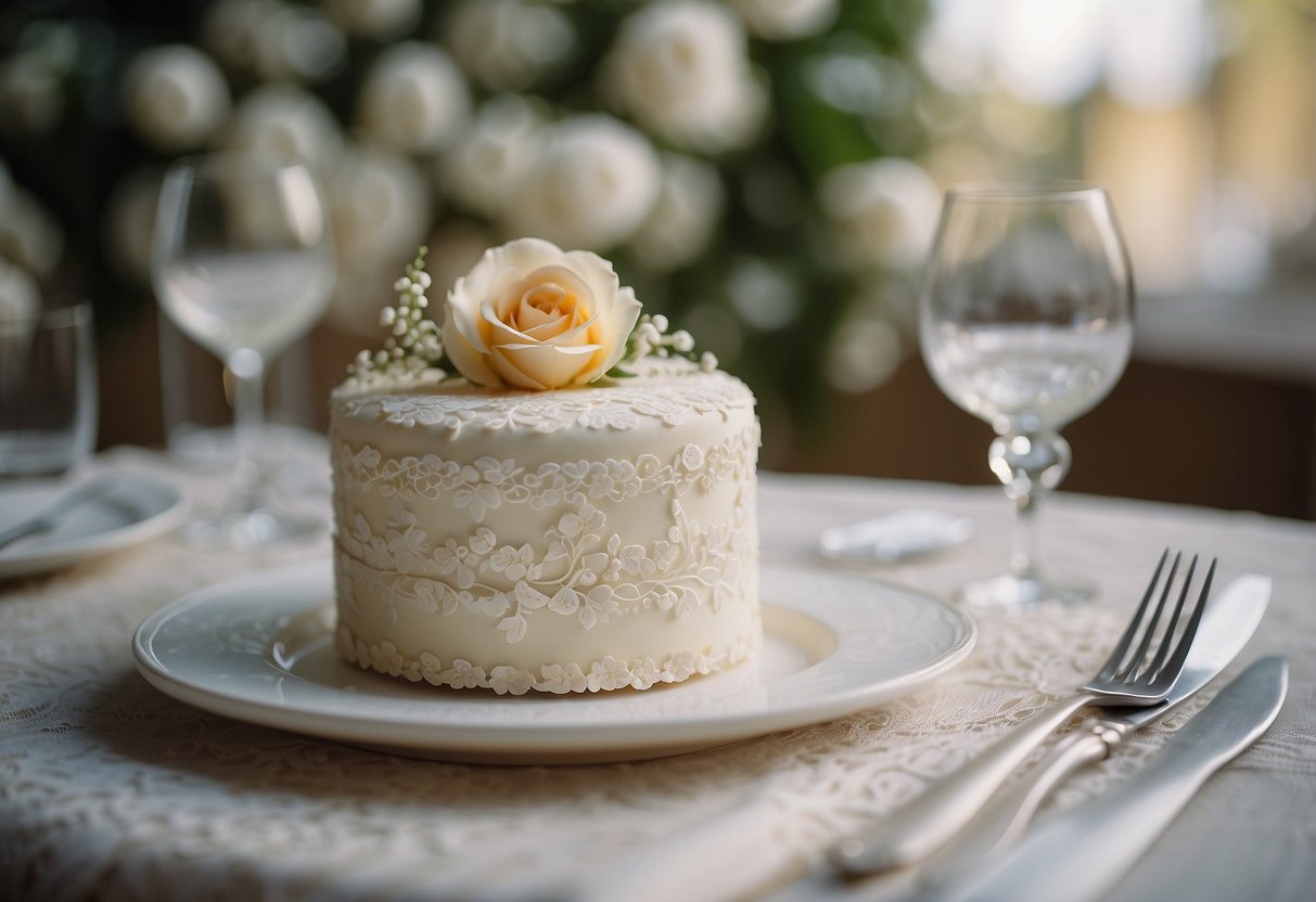 A small lace-covered wedding cake on a table with delicate floral decorations