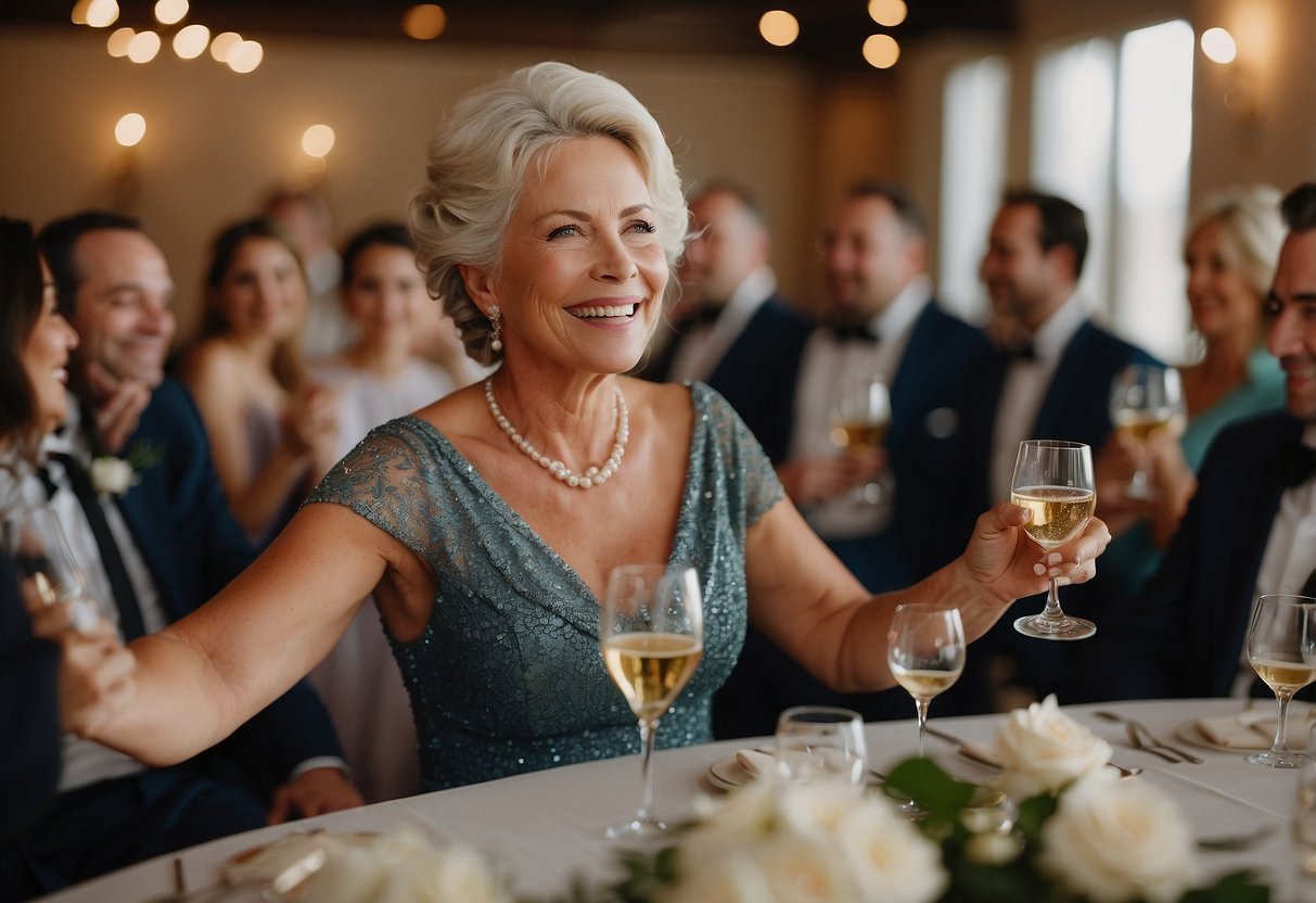 The mother of the groom raises a glass and delivers a heartfelt speech at the wedding reception