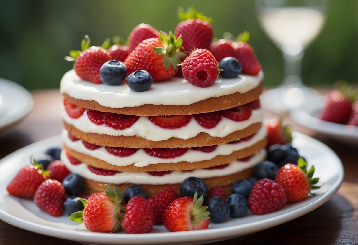 A round, three-tiered wedding cake adorned with fresh strawberries, blueberries, and raspberries, drizzled with a glossy glaze