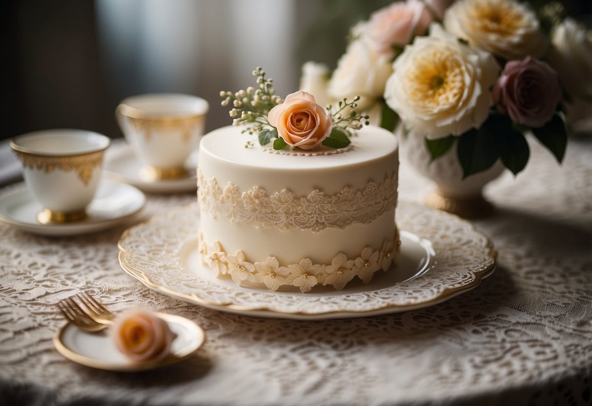 A vintage inspired cake sits on a lace-covered table, surrounded by delicate floral arrangements and antique tea cups