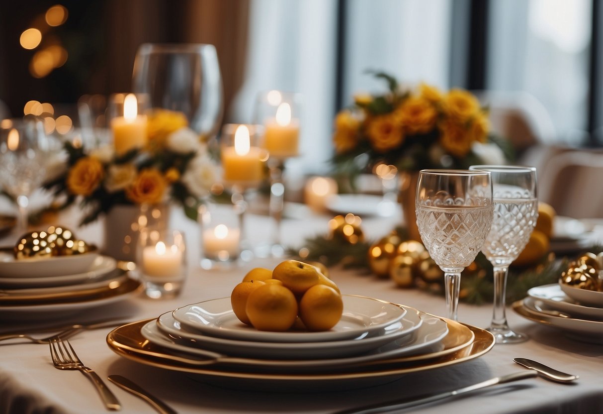 A table set with elegant dinnerware, surrounded by festive decorations and gifts for both bride and groom