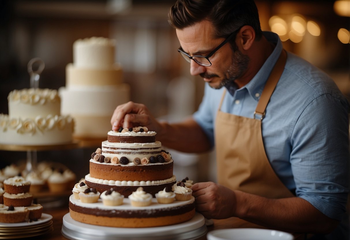 A baker carefully measures tiers for a small wedding cake, surrounded by various cake designs and decorations