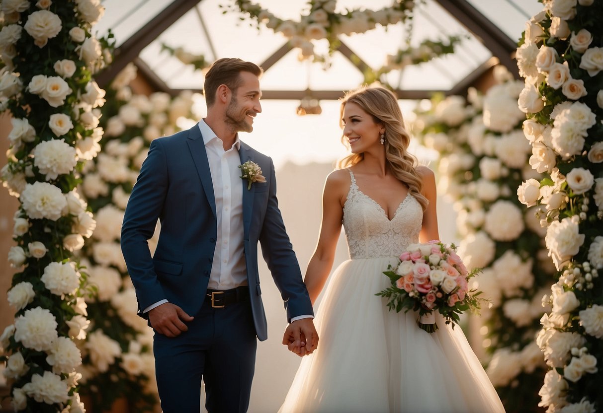 A couple holding hands, surrounded by wedding symbols and flowers, smiling and looking at each other