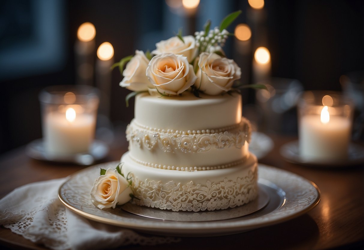 A small wedding cake adorned with delicate flowers and elegant piping, set against a romantic backdrop of soft candlelight and vintage lace