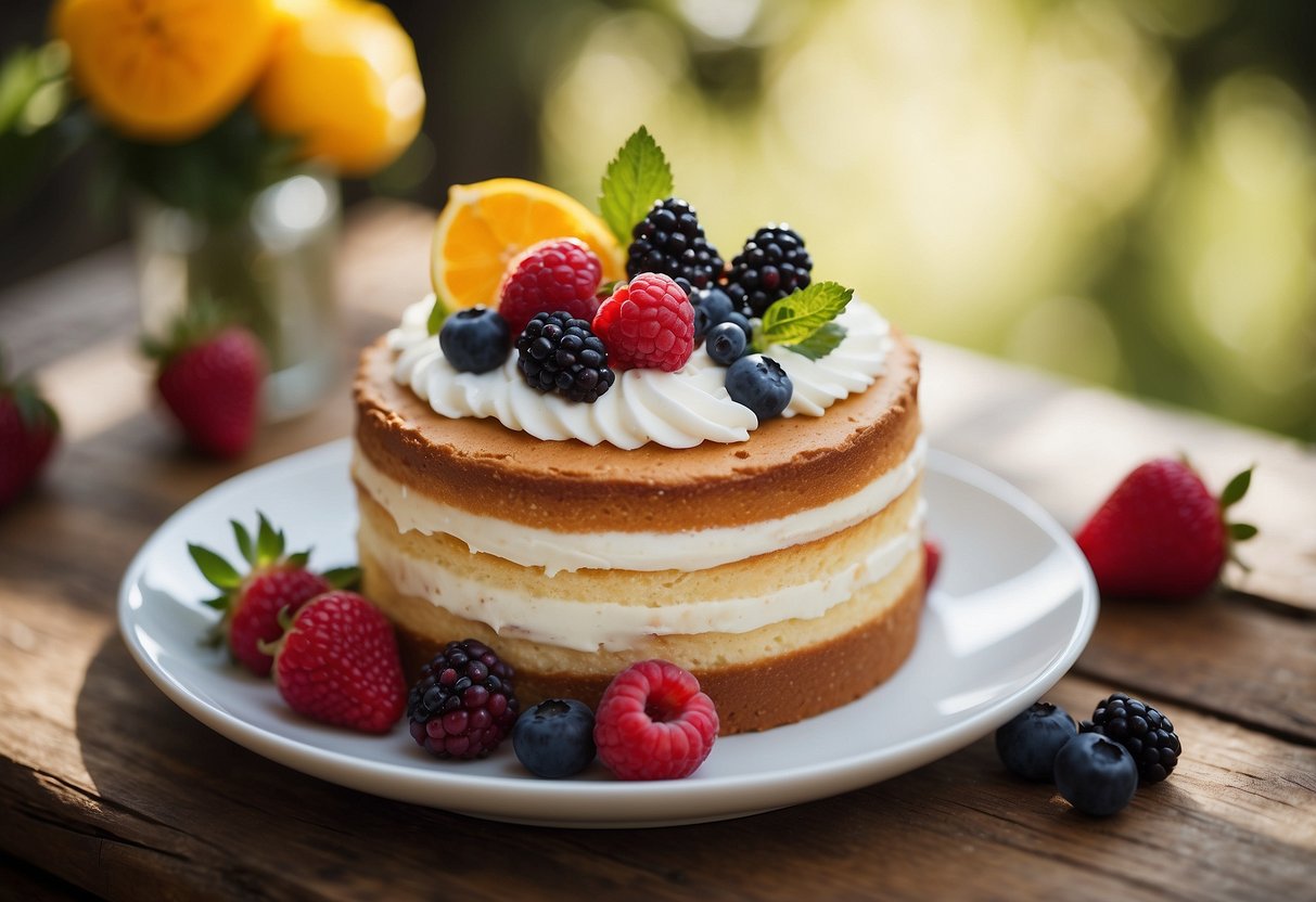 A small wedding cake with vibrant flavor combinations sits on a rustic wooden table, adorned with fresh fruit and delicate floral accents