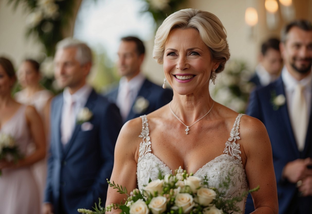 The mother of the groom stands at the altar, holding a bouquet of flowers and smiling as she watches the ceremony unfold