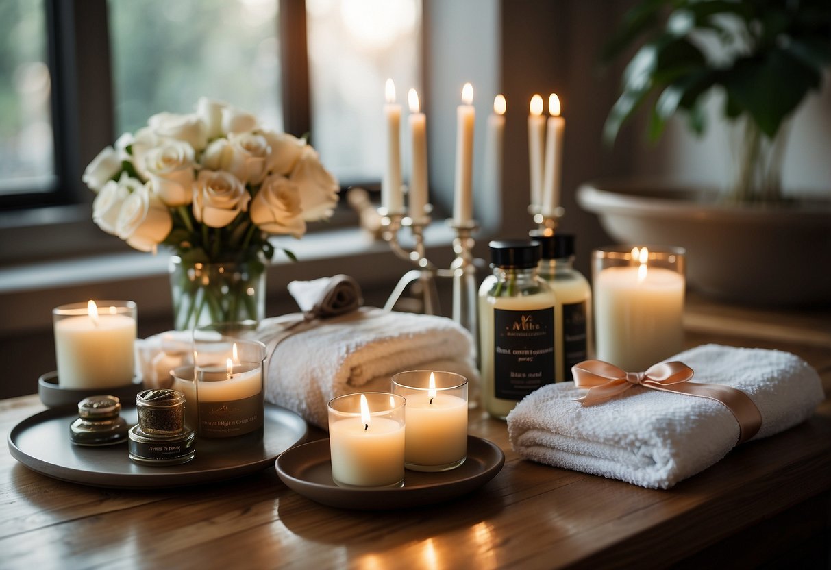 A table set with spa items: two robes, towels, candles, and bath salts. A sign reads "His and Hers Spa Set wedding shower ideas for couples."