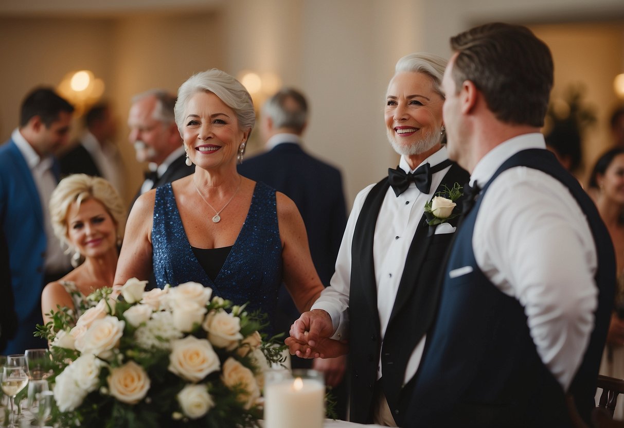 The mother of the groom assists with seating arrangements and greets guests at the reception