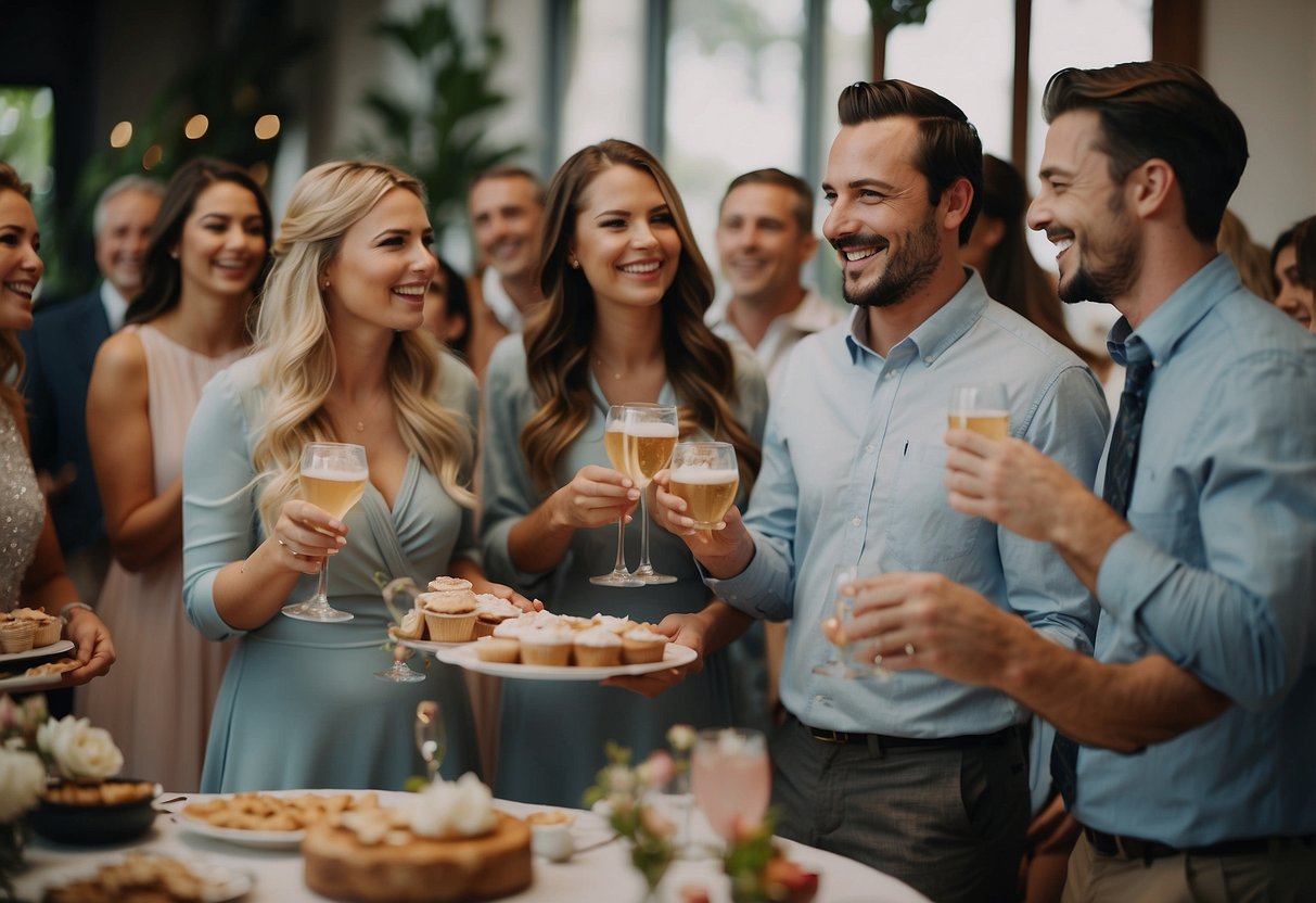 A couple surrounded by friends and family at a wedding shower, exchanging gifts and sharing laughter and love