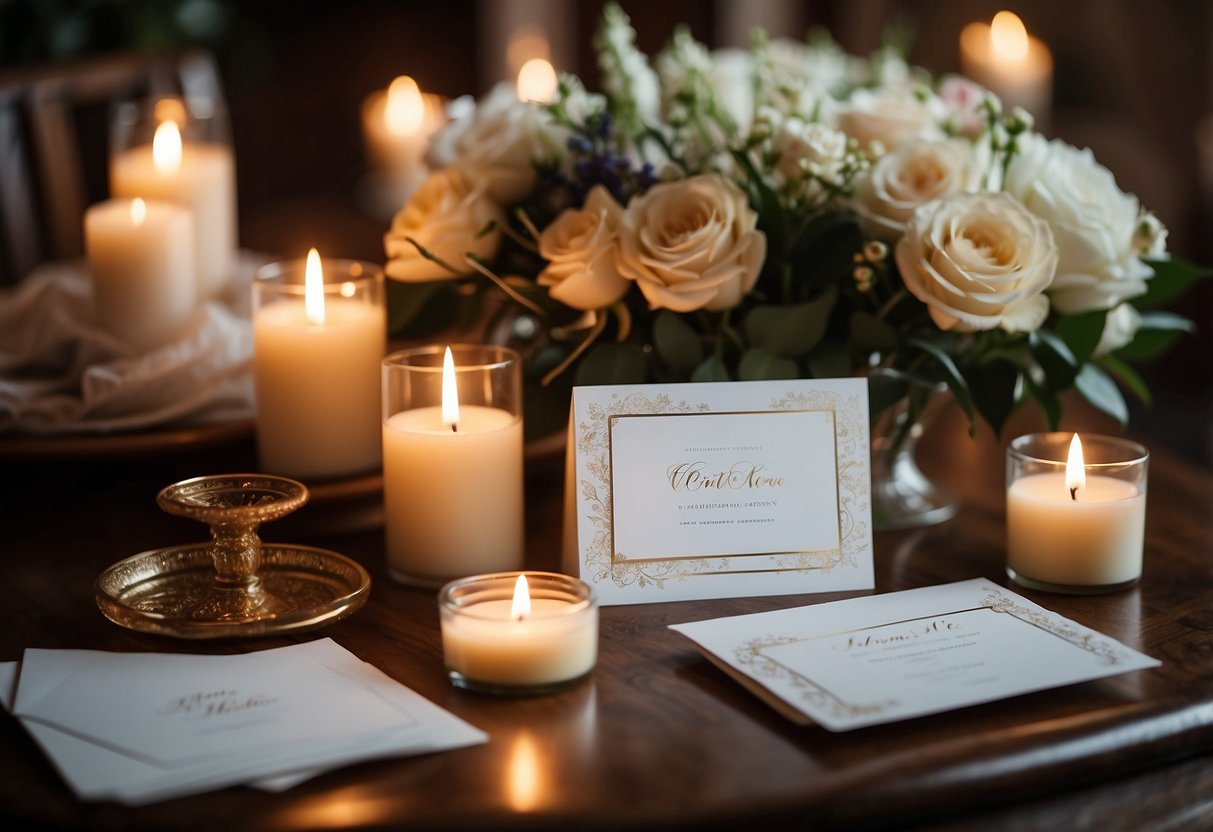 A table with elegant wedding cards, surrounded by flowers and candles. A pen lies nearby, ready for writing heartfelt messages