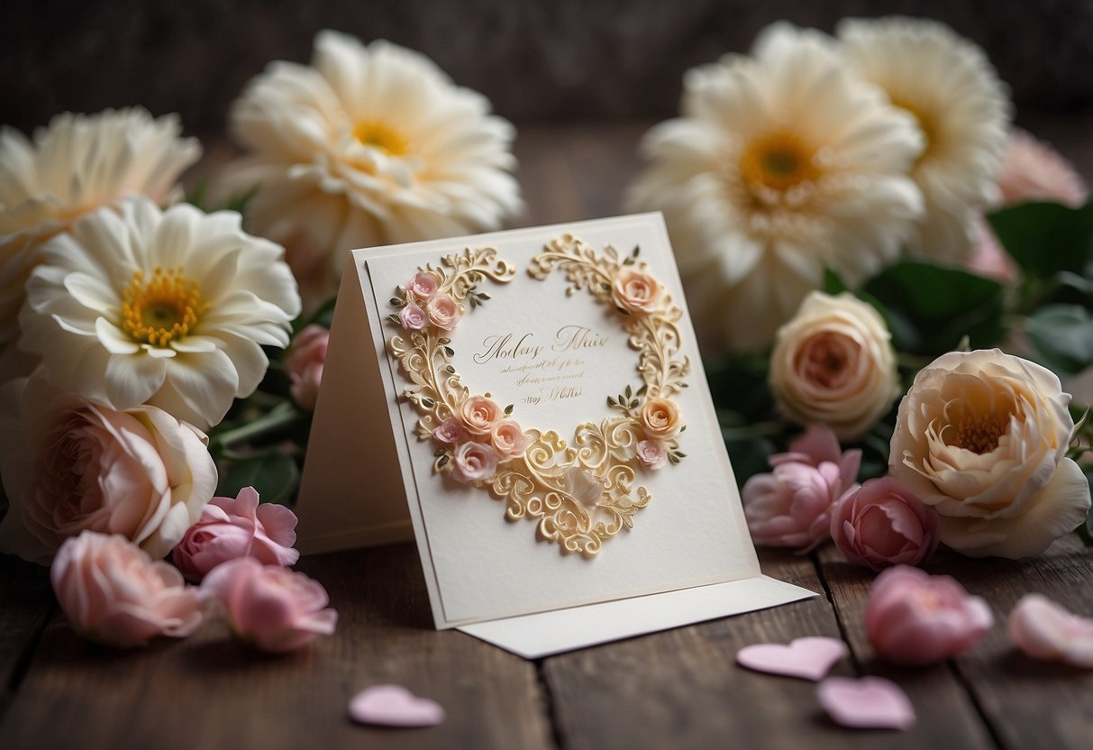 A wedding card with a message surrounded by blooming flowers and swirling hearts