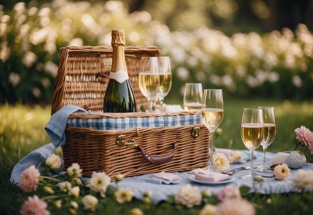 A picnic basket filled with personalized items for a wedding shower, surrounded by flowers and champagne glasses