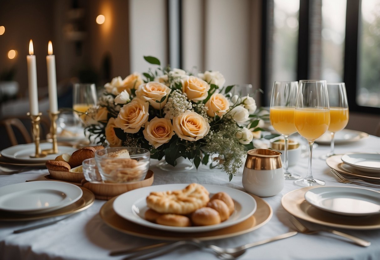 A table set with elegant place settings, a variety of breakfast foods, and a bouquet of fresh flowers as a centerpiece