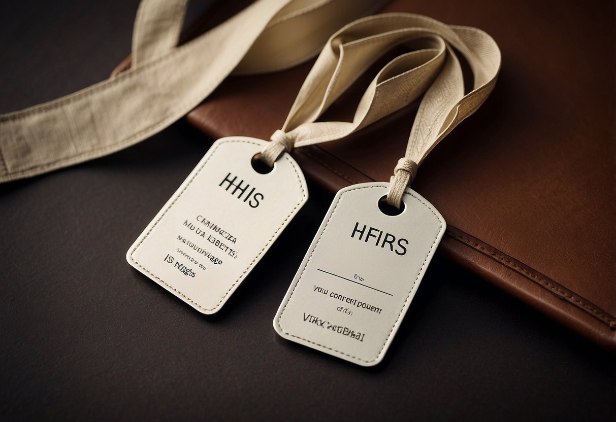 Two luggage tags, one with "His" and the other with "Hers", tied together with a ribbon