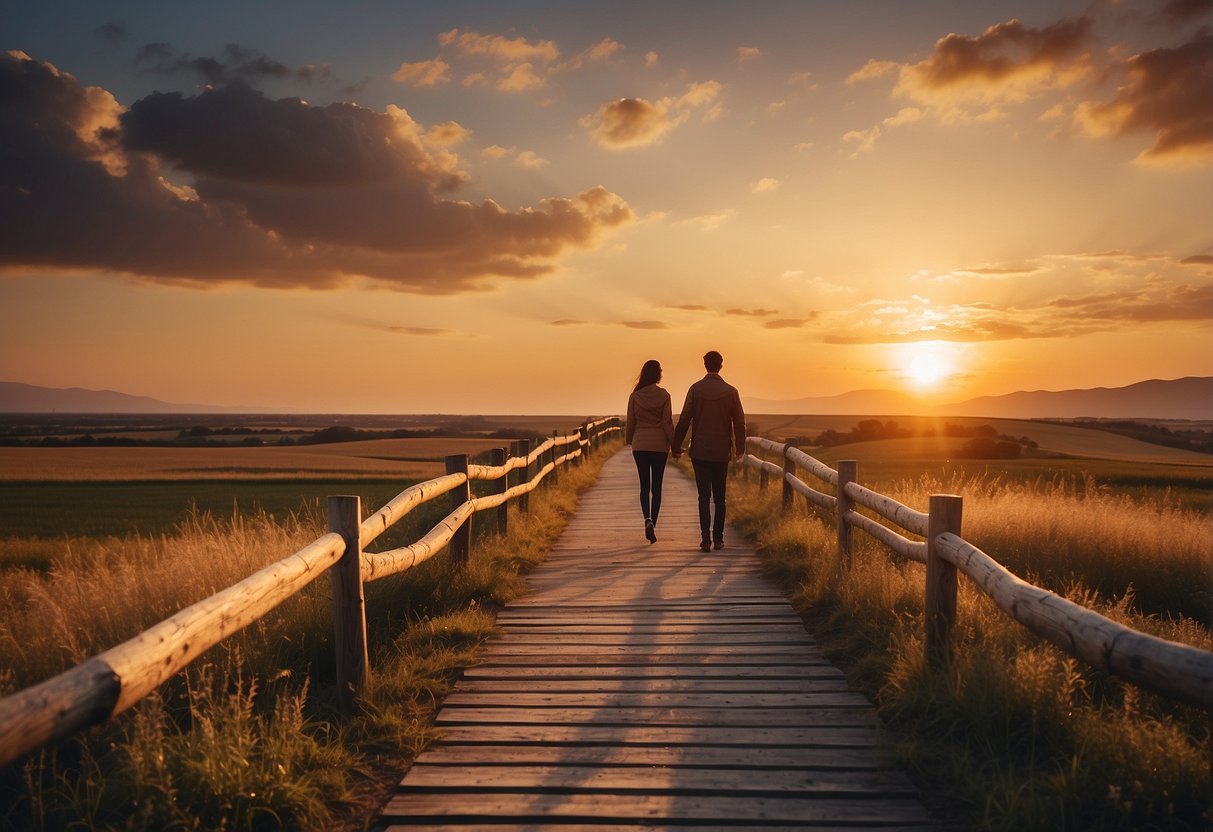 A scenic landscape with a beautiful sunset, two intertwined paths leading into the distance, symbolizing the couple's journey together