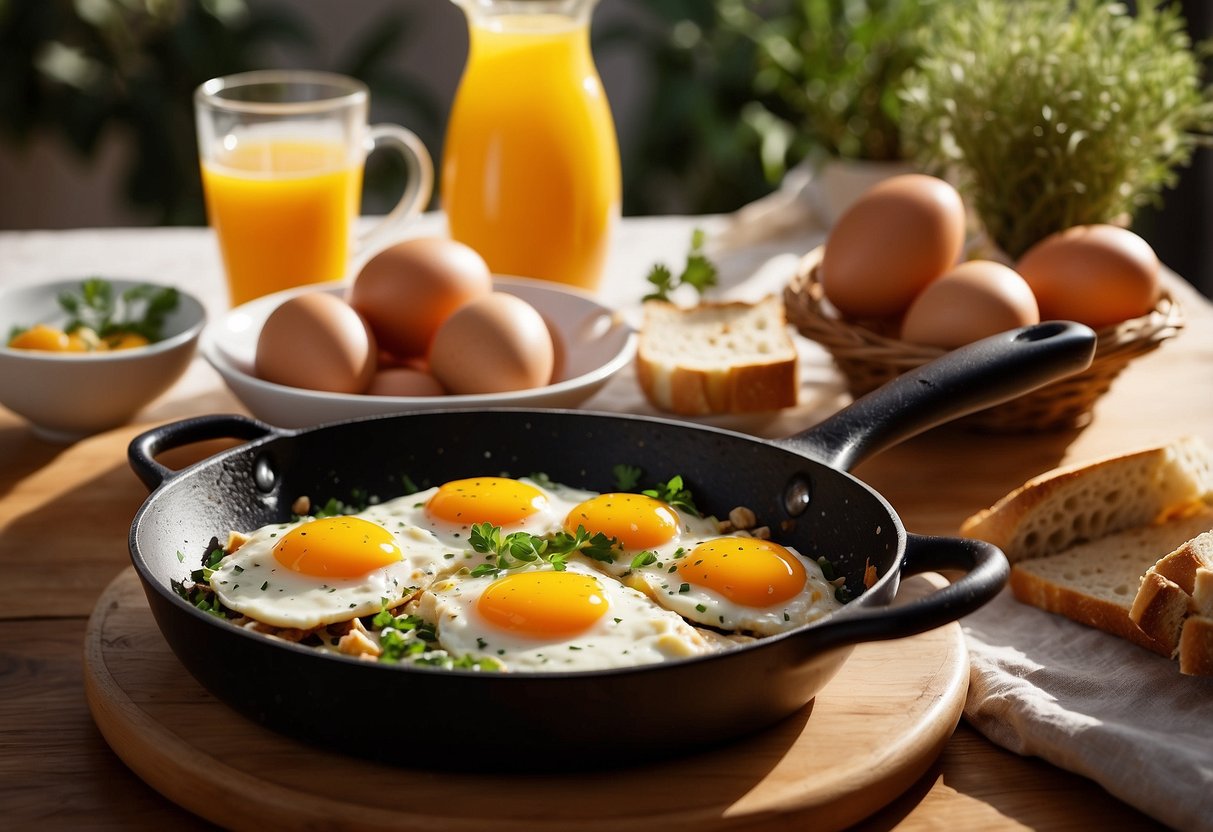 A sizzling pan with eggs, herbs, and cheese. Freshly squeezed orange juice and a basket of crusty bread on a sunny breakfast table